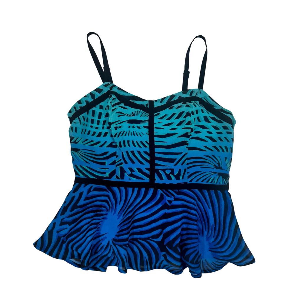 Nicole Miller Blue Abstract Peplum Camisole Velvet Trim Y2K Resort Top Women's 6